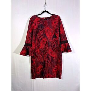 Boho Paisley Tommy Hilfiger Bell Sleeve Shift Dress Womens 14 Red Black